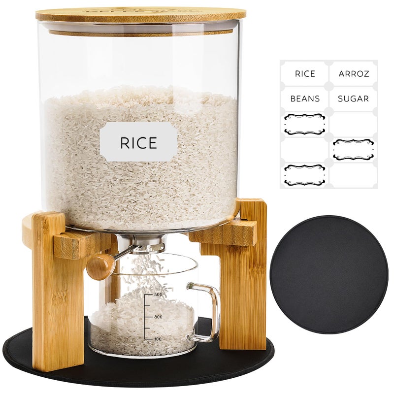 Belle Parc Glass Rice Dispenser 10 lbs, with Airtight Lid & Labels & Slider mat. Make your glass rice container Glass AND Bamboo rice container! Best 5L capacity grain dispenser and rice holder - Image 1
