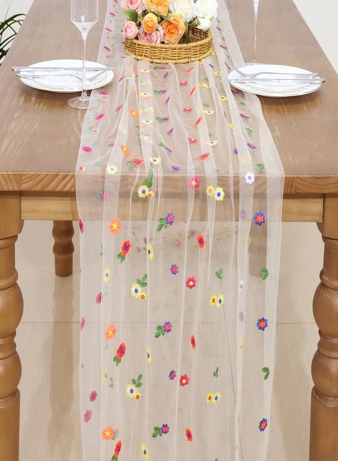 MILVOWOC Embroidery Daisy Gauze Table Runner, 72 Inch Floral Table Runner, Champagne Daisy Party Decorations for Wedding Baby Shower Spring Decorations, Home Dining Decor (1 Pcak - Image 1
