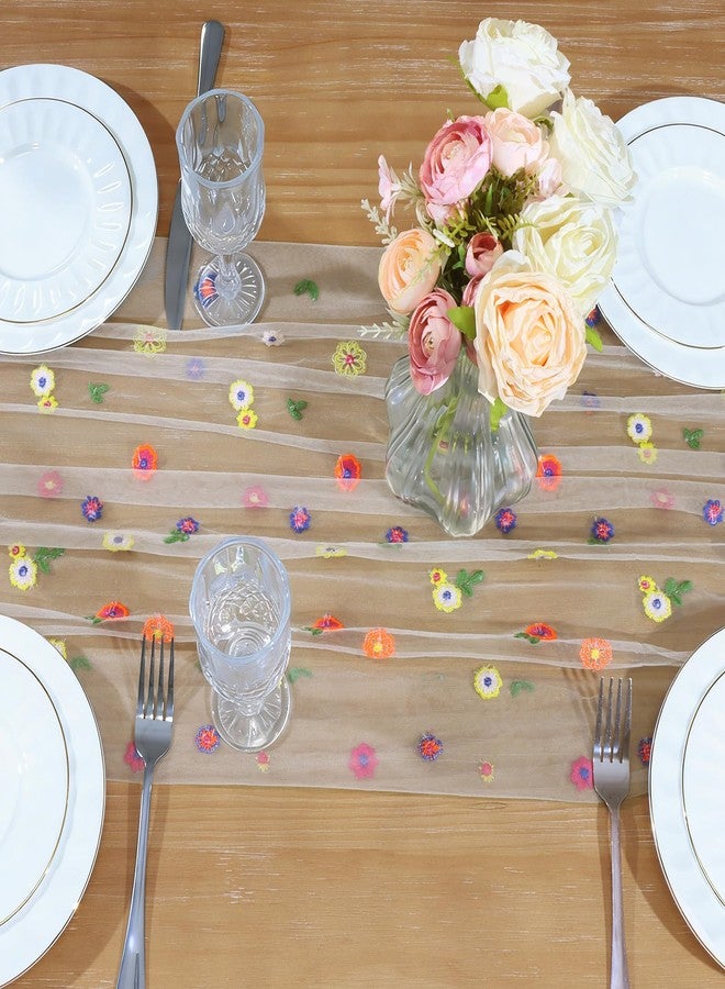 MILVOWOC Embroidery Daisy Gauze Table Runner, 72 Inch Floral Table Runner, Champagne Daisy Party Decorations for Wedding Baby Shower Spring Decorations, Home Dining Decor (1 Pcak - Image 5
