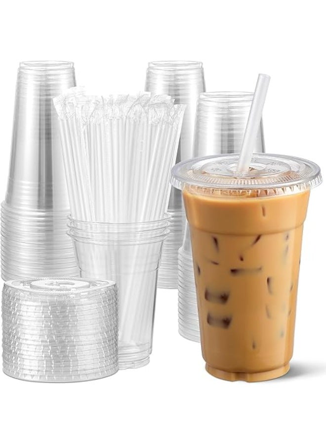 DubaiCrystal 100 Sets Clear Plastic Cups With Lids and Straws, Disposable Cups With Lids for Iced Coffee, Smoothie, Milkshake and Cold Drinks. - Image 1