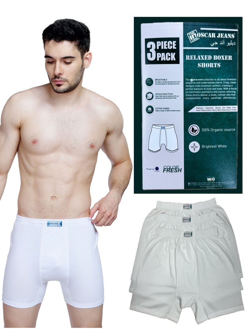 OSCAR JEANS Platinum Collection 100% Cotton Mens Underwear Boxer Comfort Fit Organic Ultrasoft Antibacterial Brightest White 3 Pack  - Image 1