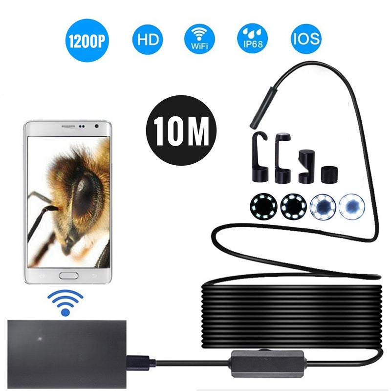 8mm Wireless Endoscope Camera IP68 Waterproof WiFi Inspection 2.0MP HD 8 LED Semi-Rigid Cable Borescope for iPhones iPads Android Devices and PC Black 10M - Image 1