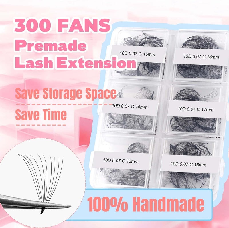 FADLASH Premade Fans Eyelash Extensions 300pcs 10D Premade Lash Fans C Curl Pre Made Fans Lash Extensions Volume Eyelash Extensions Premade Eyelash Fans Loose Fans (10D-0.07C-13-18mm) - Image 2