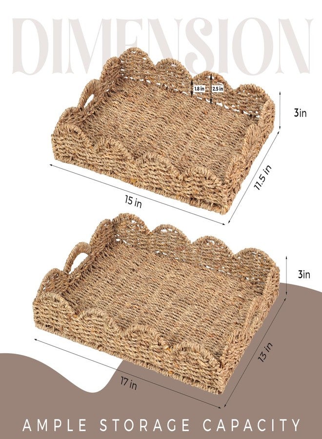 LASIDO 2Pcs - Scalloped Basket, Decorative Basket, Seagrass Tray (17 x 13 x 3 inch - 2Pcs) with Scalloped Edge and Built-in Handles, Rectangle Serving/Rattan/Wicker/Woven/Basket Tray - Image 2