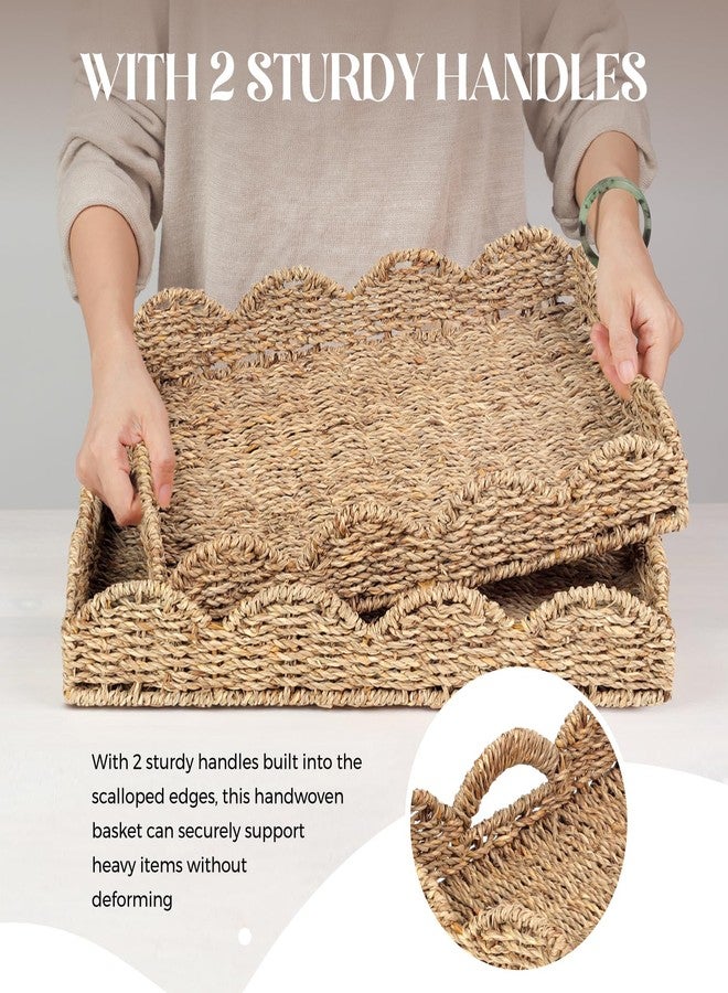 LASIDO 2Pcs - Scalloped Basket, Decorative Basket, Seagrass Tray (17 x 13 x 3 inch - 2Pcs) with Scalloped Edge and Built-in Handles, Rectangle Serving/Rattan/Wicker/Woven/Basket Tray - Image 4