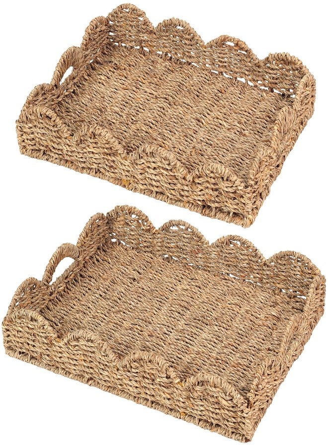 LASIDO 2Pcs - Scalloped Basket, Decorative Basket, Seagrass Tray (17 x 13 x 3 inch - 2Pcs) with Scalloped Edge and Built-in Handles, Rectangle Serving/Rattan/Wicker/Woven/Basket Tray - Image 1