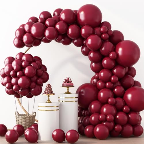 RUBFAC Burgundy Balloons 129pcs Different Sizes Pack of 18 12 10 5 Inch Latex Maroon Dark Ruby Red Balloon Garland Arch Kit for Wedding Anniversary Birthday Party Decorations - Image 1