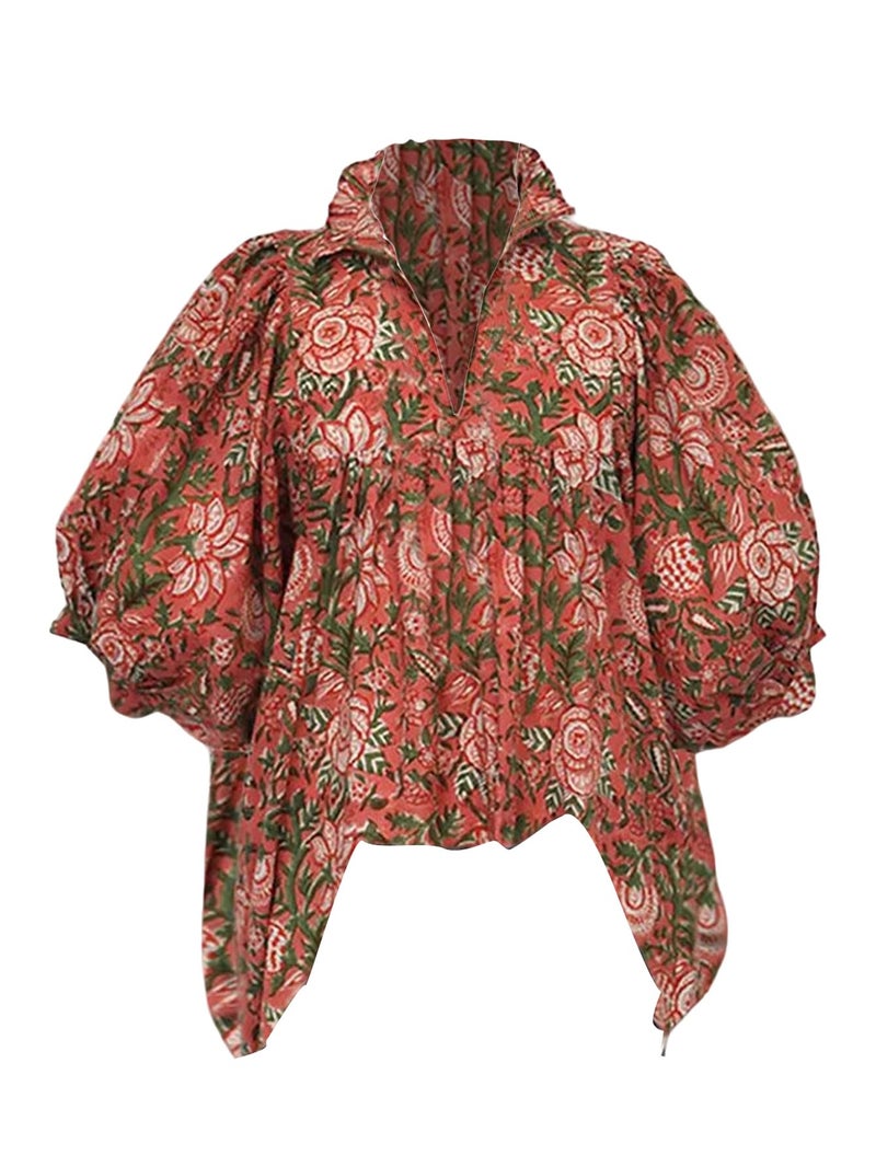 Verdusa Women's Floral Ruffle Collared Blouse Boho Vacation Half Sleeve Tunic Tops Red Medium - Image 1