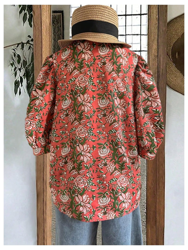 Verdusa Women's Floral Ruffle Collared Blouse Boho Vacation Half Sleeve Tunic Tops Red Medium - Image 2