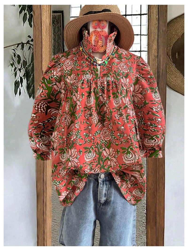 Verdusa Women's Floral Ruffle Collared Blouse Boho Vacation Half Sleeve Tunic Tops Red Medium - Image 3