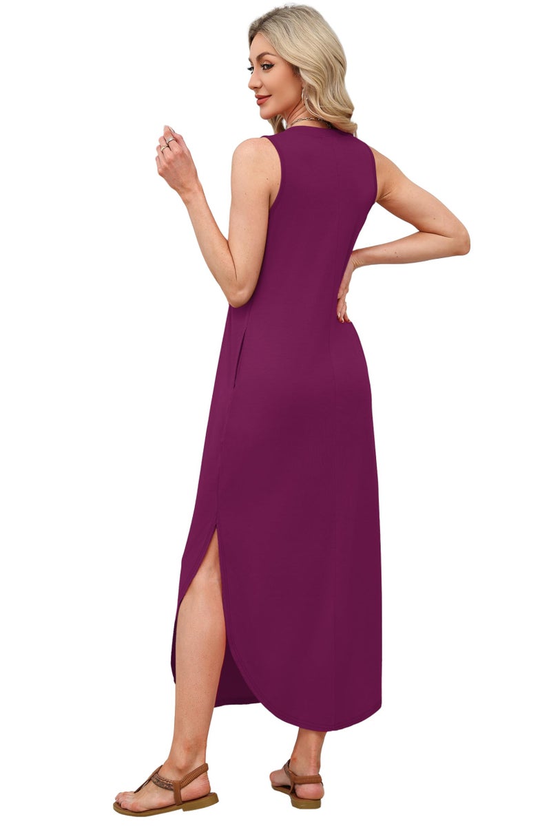 OFEEFAN Sundresses for Women 2026 Beach Vacation Dress V Neck Casual Sleeveless Flowy Spring Maxi Dress with Pockets A-Purple L - Image 5