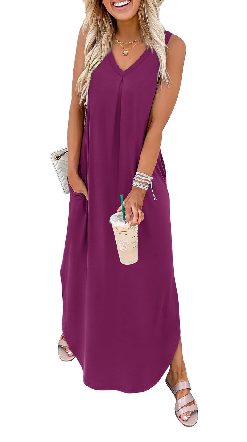 OFEEFAN Sundresses for Women 2026 Beach Vacation Dress V Neck Casual Sleeveless Flowy Spring Maxi Dress with Pockets A-Purple L - Image 1