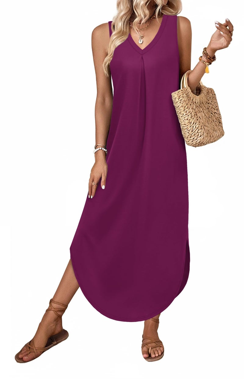 OFEEFAN Sundresses for Women 2026 Beach Vacation Dress V Neck Casual Sleeveless Flowy Spring Maxi Dress with Pockets A-Purple L - Image 3