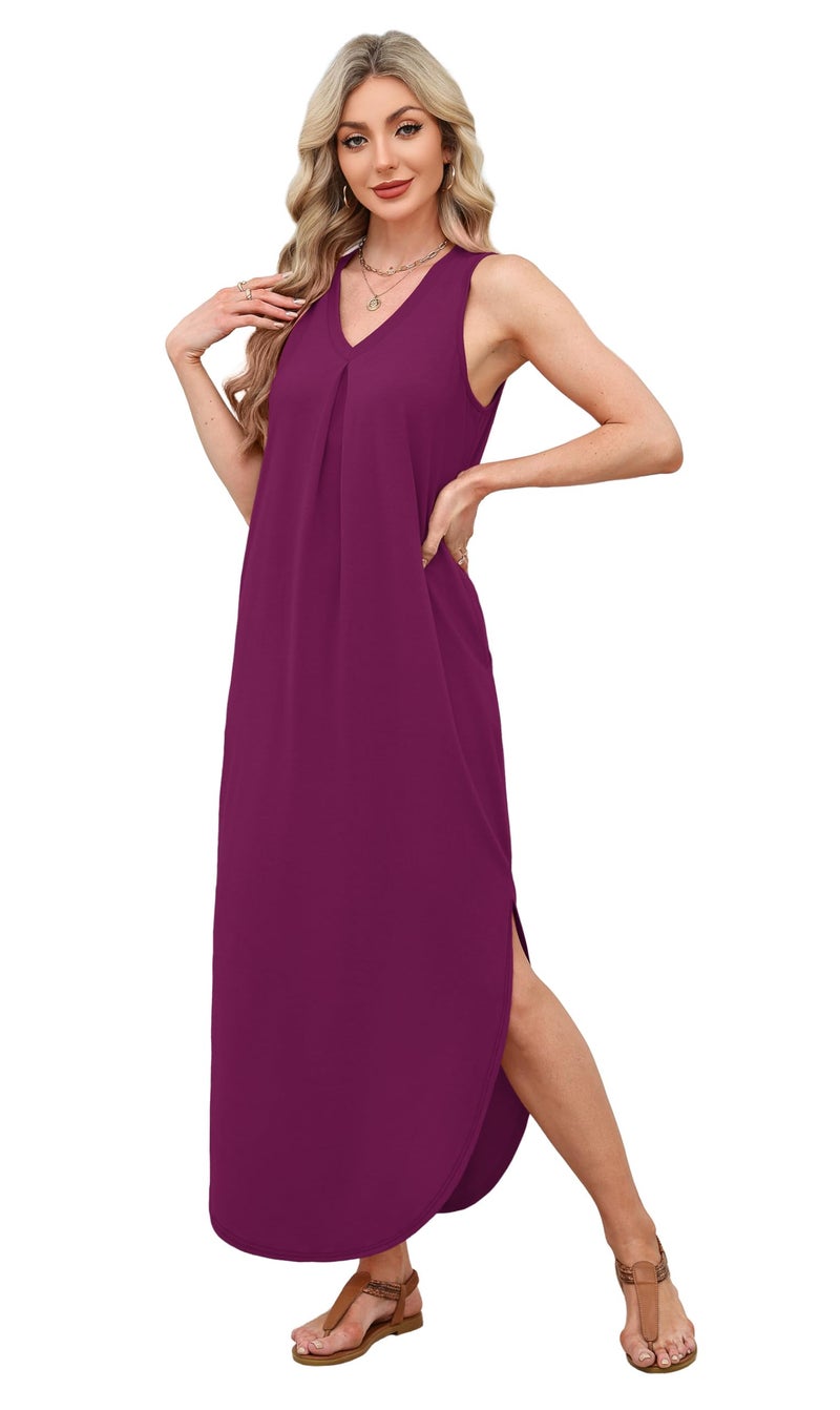 OFEEFAN Sundresses for Women 2026 Beach Vacation Dress V Neck Casual Sleeveless Flowy Spring Maxi Dress with Pockets A-Purple L - Image 4