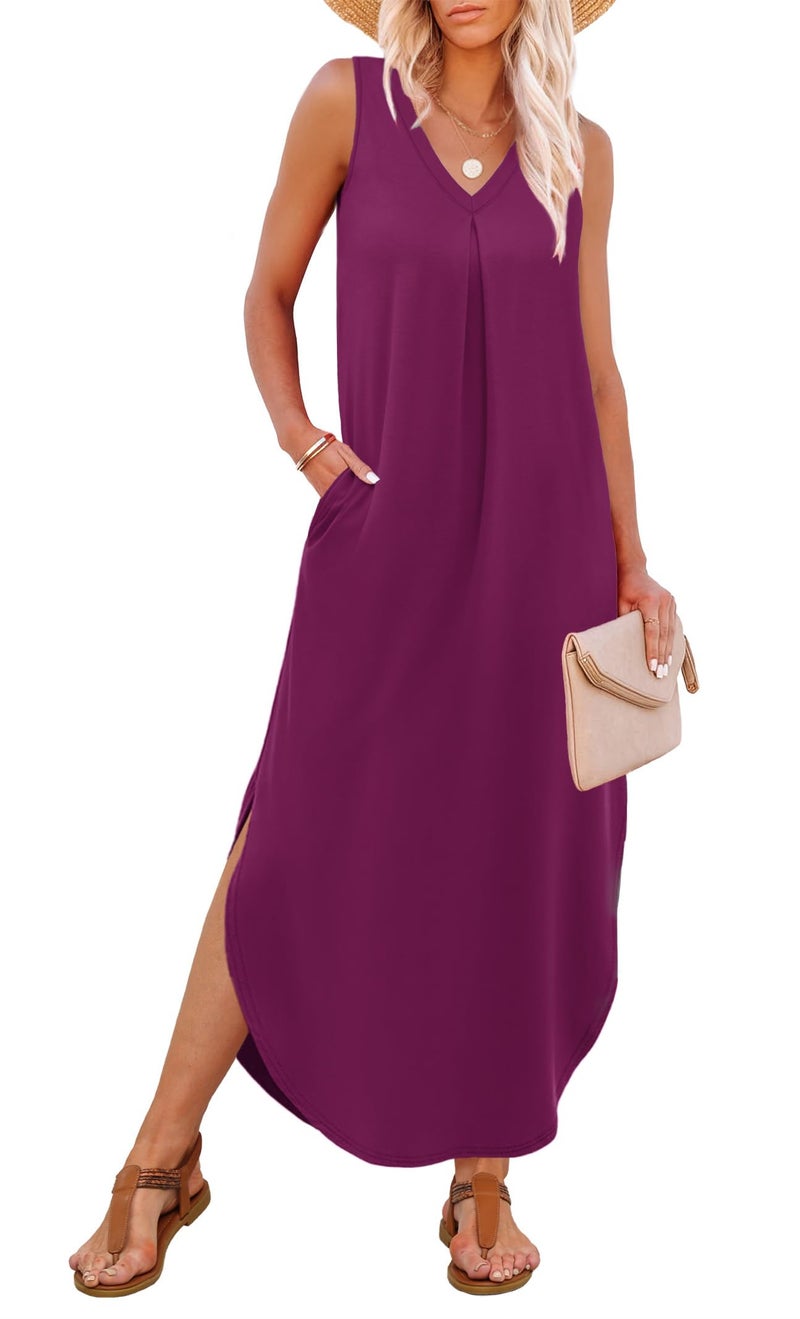 OFEEFAN Sundresses for Women 2026 Beach Vacation Dress V Neck Casual Sleeveless Flowy Spring Maxi Dress with Pockets A-Purple L - Image 2