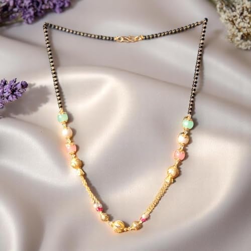 ACCESSHER Gold Plated Beaded Mangalsutra Necklace for Women | Traditional Black Bead Chain with Colorful Stones | Stylish Lightweight Jewellery for Women - Image 3