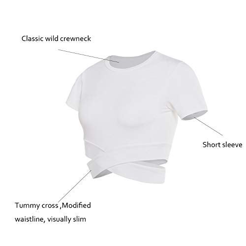 DREAM SLIM Short Sleeve Crop Tops for Women Tummy Cross Fitted Yoga Gym Tops Lightweight Workout Cropped Tank Top (White, S) - Image 5