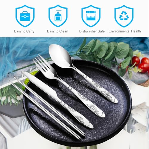 lengnoyp 20PCS Premium Travel Utensils With Case, Stainless Steel Reusable Portable Utensils Set With Case, Lengnoyp Travel Silverware Set With Case for Lunch Box Camping, Silver - Image 3
