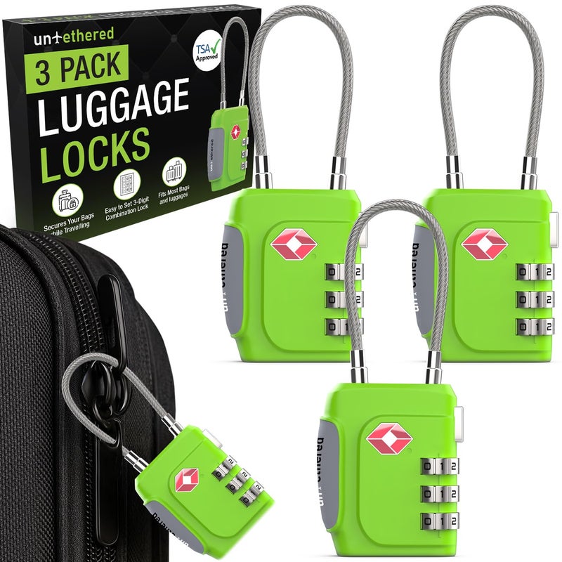 Untethered TSA Luggage Locks (3 Pack) â€“ Resettable 3-Digit Combination TSA Approved Travel Padlocks for Suitcases, Backpacks, Gym Bags & Checked Baggage (3 Pack | Green) - Image 1
