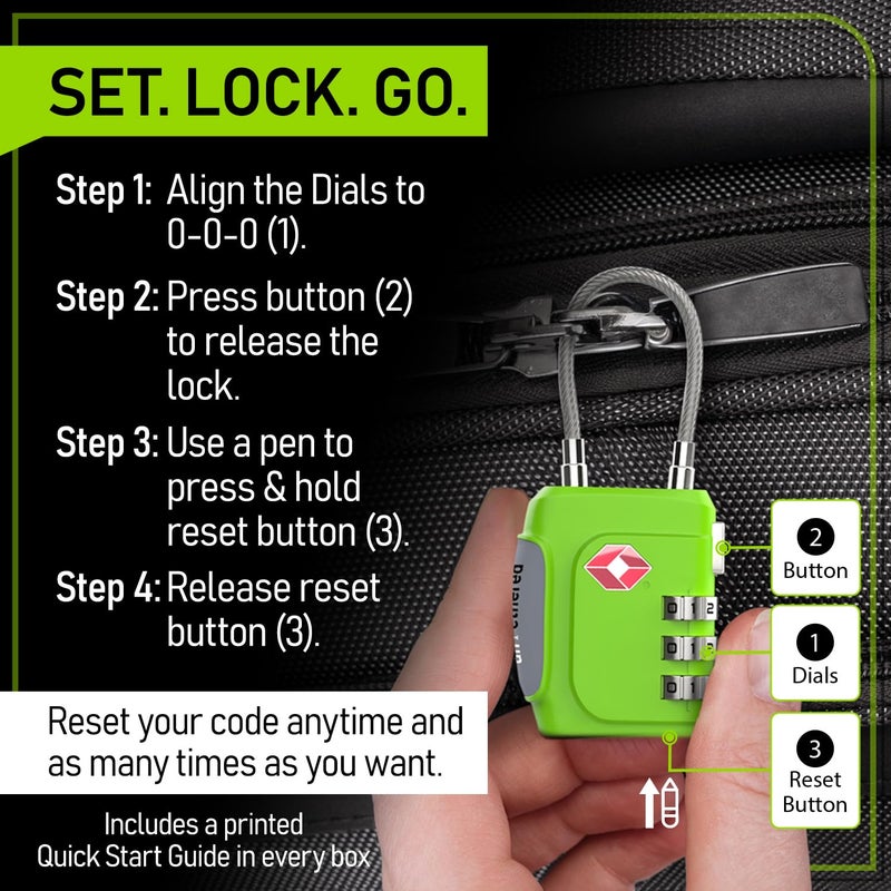Untethered TSA Luggage Locks (3 Pack) â€“ Resettable 3-Digit Combination TSA Approved Travel Padlocks for Suitcases, Backpacks, Gym Bags & Checked Baggage (3 Pack | Green) - Image 3