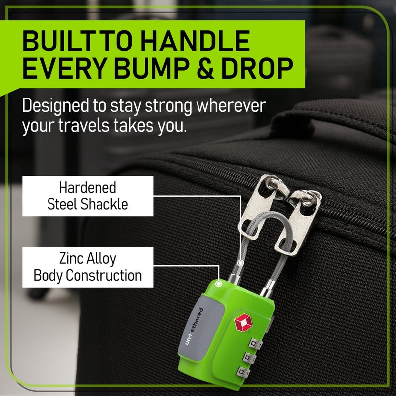 Untethered TSA Luggage Locks (3 Pack) â€“ Resettable 3-Digit Combination TSA Approved Travel Padlocks for Suitcases, Backpacks, Gym Bags & Checked Baggage (3 Pack | Green) - Image 5
