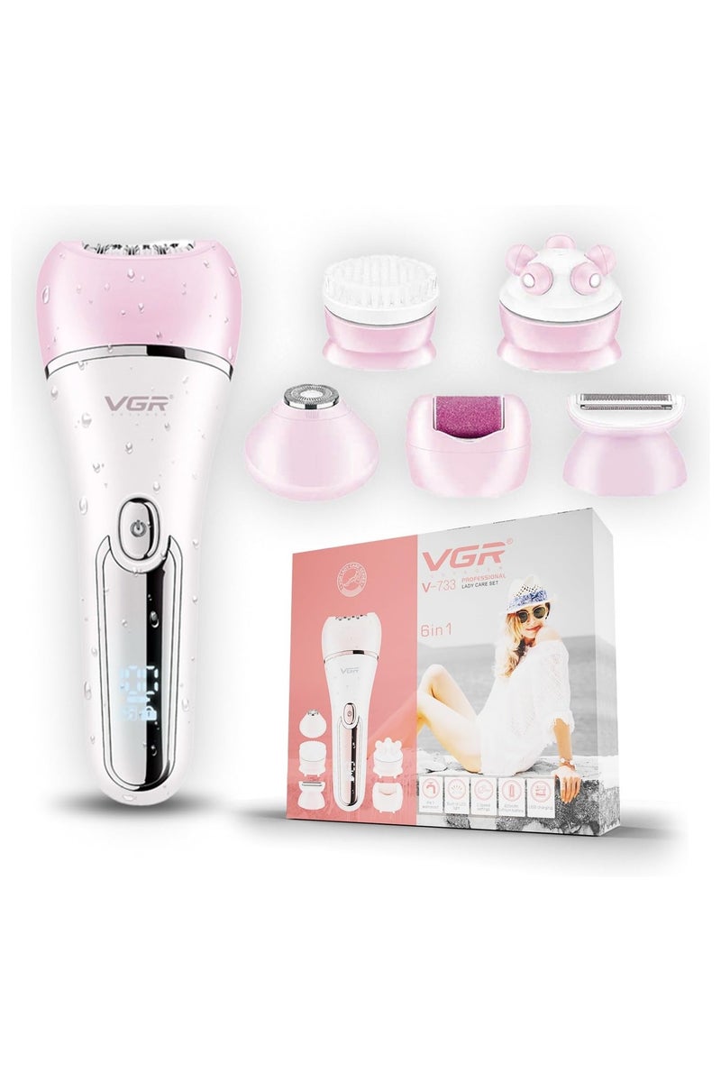 Generic VGR Professional Women's Grooming Kit 6 in 1 Women's Full Body Hair Removal Epilator LED Display 90 Minutes Running Time 600mAh Battery IPX 7 Waterproof (Pink) V-733  - Image 1