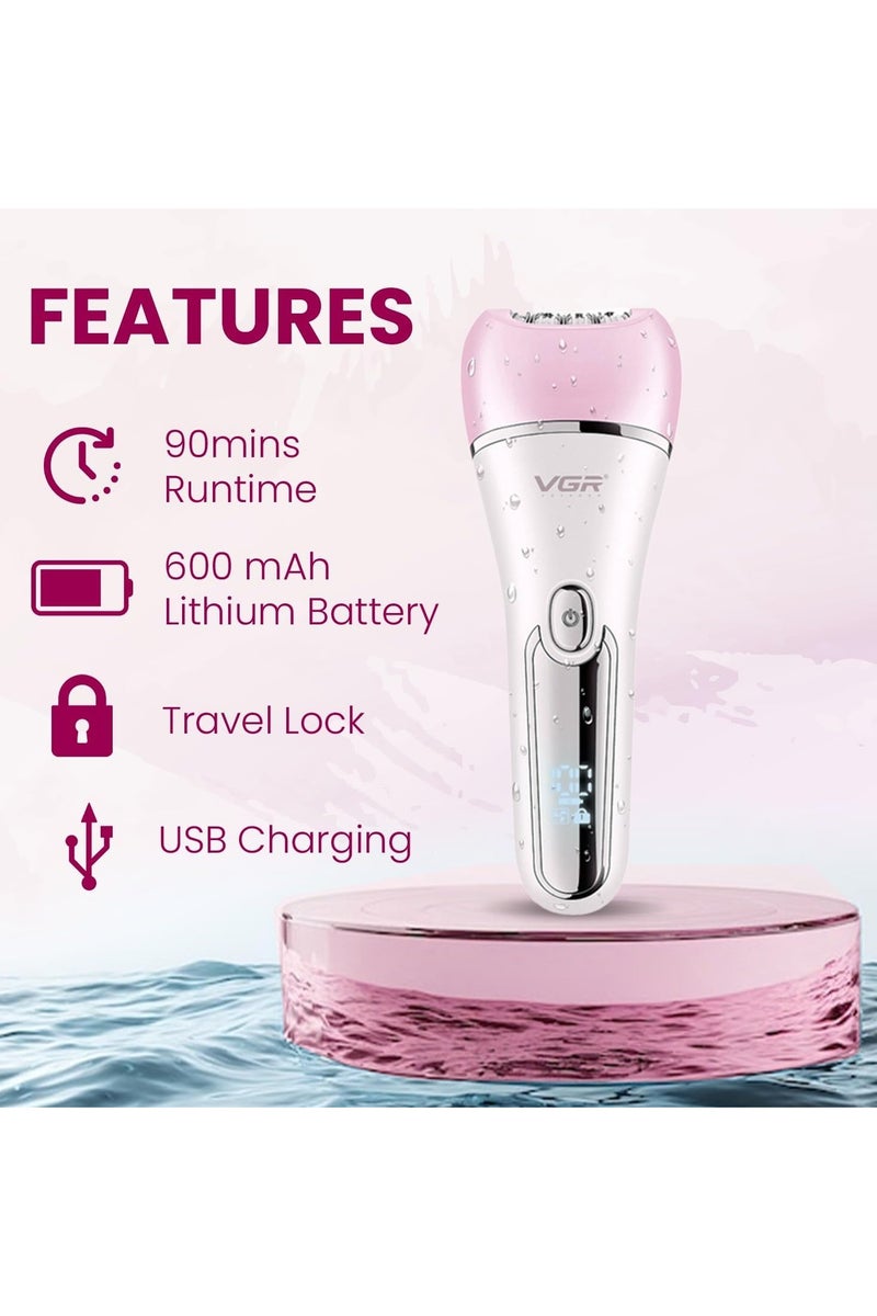 Generic VGR Professional Women's Grooming Kit 6 in 1 Women's Full Body Hair Removal Epilator LED Display 90 Minutes Running Time 600mAh Battery IPX 7 Waterproof (Pink) V-733  - Image 2