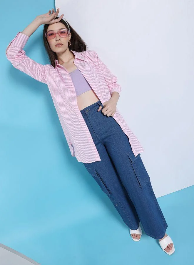 مرفوعة Women Oversized Striped Shirt