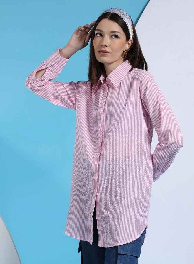 مرفوعة Women Oversized Striped Shirt