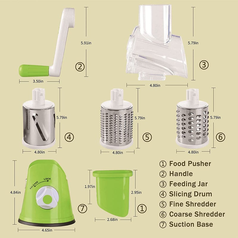 Rotary Cheese Grater - 3-in-1 Stainless Steel Manual Drum Slicer, Rotary Graters for Kitchen, Food Shredder for Vegatables, Nuts and Chocolate - Image 3