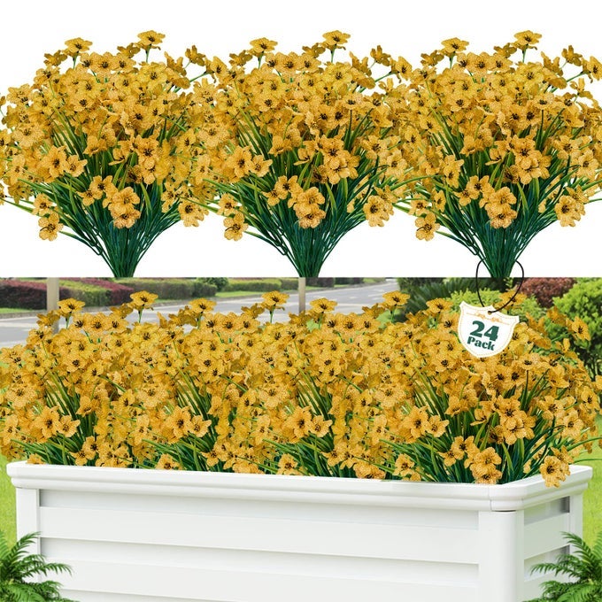 24 PCS ARTIFICIAL FLOWERS FOR OUTDOORPLASTIC FLOWERS DECORATION UV RESISTANT FAUX FLOWERS SHRUBS ARTIFICIAL PLANTS FOR INDOOR OUTSIDE GARDEN HOME WEDDING FARMHOUSEYELLOW