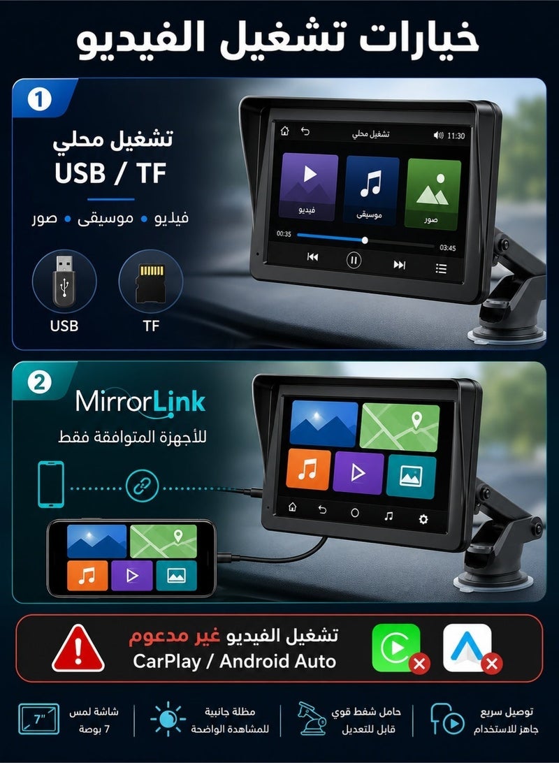 شاشة محمولة 7 بوصة لاسلكية لـ Apple CarPlay و Android Auto، شاشة لمس 1024×600، موسيقى ومكالمات عبر Bluetooth 5.0، تشغيل وسائط USB/TF، MirrorLink للأجهزة المتوافقة، مخرج AUX، مرسل FM، 12V–24V - Image 5