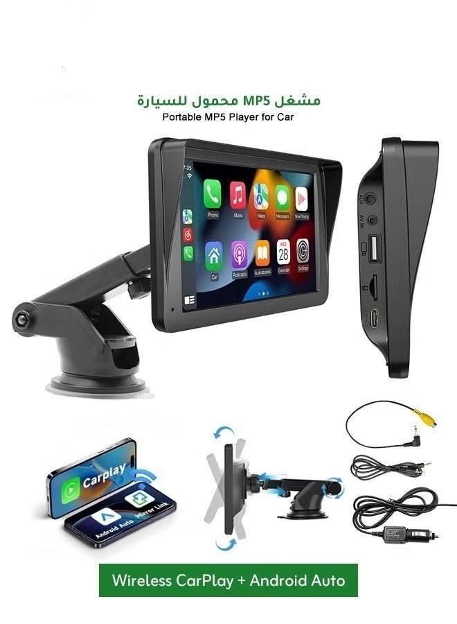 شاشة محمولة 7 بوصة لاسلكية لـ Apple CarPlay و Android Auto، شاشة لمس 1024×600، موسيقى ومكالمات عبر Bluetooth 5.0، تشغيل وسائط USB/TF، MirrorLink للأجهزة المتوافقة، مخرج AUX، مرسل FM، 12V–24V - Image 1