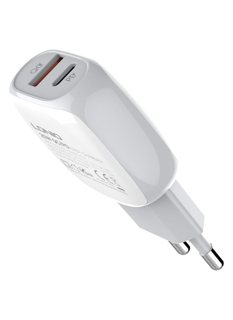 إل دينو - LDNIO A2313C شاحن الهاتف المحمول بقابس أوروبي مع كابل من النوع C إلى Lightning ومنفذ USB من النوع C 20 وات - أبيض - Image 1