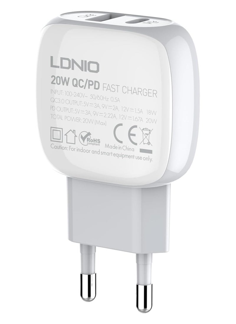 إل دينو - LDNIO A2313C شاحن الهاتف المحمول بقابس أوروبي مع كابل من النوع C إلى Lightning ومنفذ USB من النوع C 20 وات - أبيض - Image 1