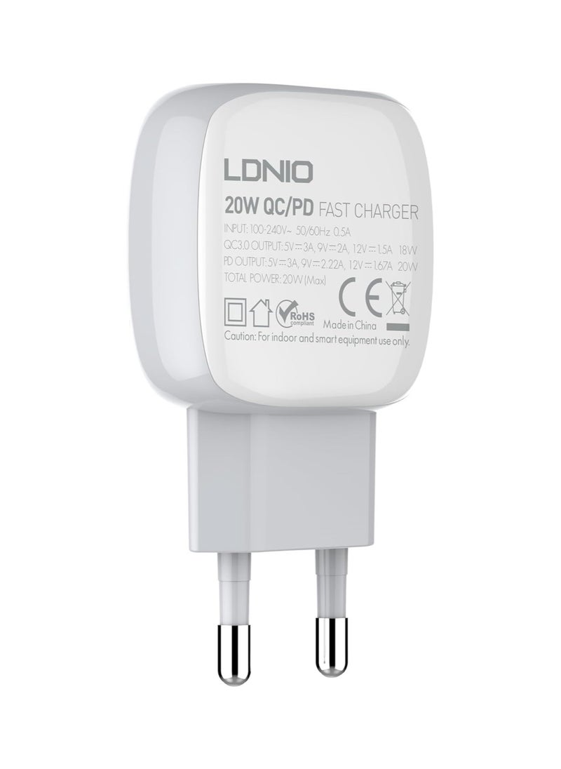 إل دينو - LDNIO A2313C شاحن الهاتف المحمول بقابس أوروبي مع كابل من النوع C إلى Lightning ومنفذ USB من النوع C 20 وات - أبيض - Image 1