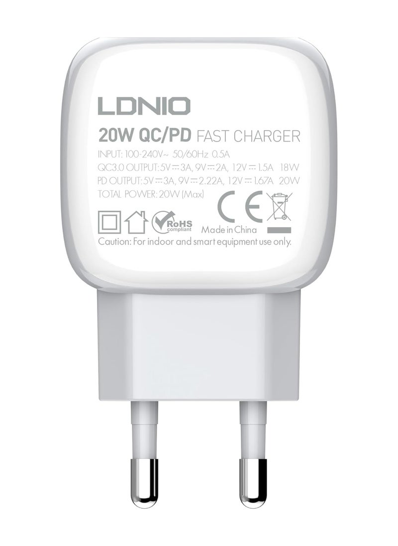 إل دينو - LDNIO A2313C شاحن الهاتف المحمول بقابس أوروبي مع كابل من النوع C إلى Lightning ومنفذ USB من النوع C 20 وات - أبيض - Image 1