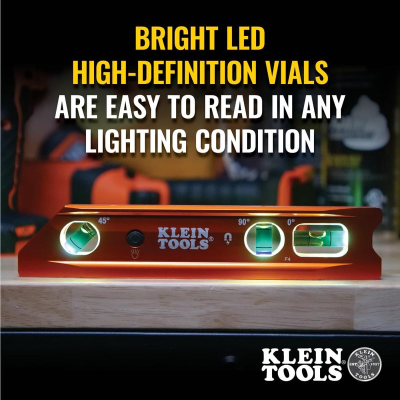 Klein Tools 935RBLT Level, 9-Inch Lighted Torpedo Level with Magnet, 0/45/90 Degree Vials and V-Groove, Water and Impact Resistant, High-Visibility - Image 5