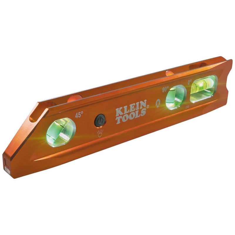 Klein Tools 935RBLT Level, 9-Inch Lighted Torpedo Level with Magnet, 0/45/90 Degree Vials and V-Groove, Water and Impact Resistant, High-Visibility - Image 1