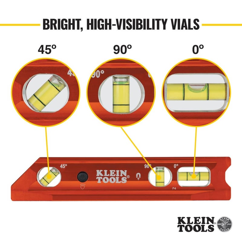 Klein Tools 935RBLT Level, 9-Inch Lighted Torpedo Level with Magnet, 0/45/90 Degree Vials and V-Groove, Water and Impact Resistant, High-Visibility - Image 3