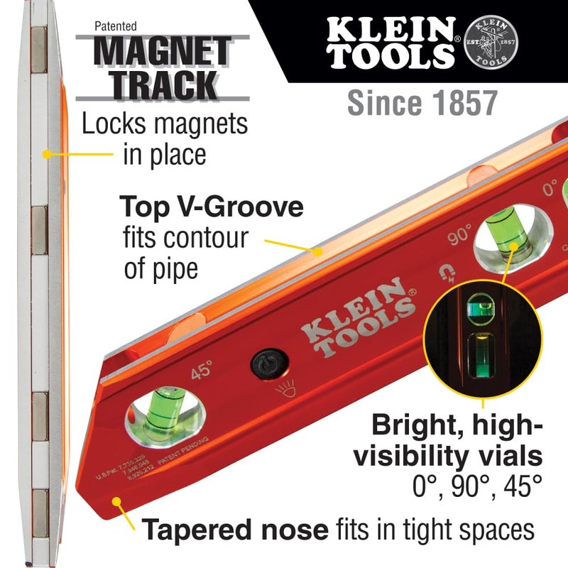 Klein Tools 935RBLT Level, 9-Inch Lighted Torpedo Level with Magnet, 0/45/90 Degree Vials and V-Groove, Water and Impact Resistant, High-Visibility - Image 2