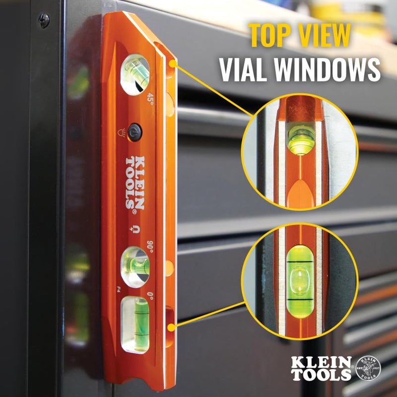 Klein Tools 935RBLT Level, 9-Inch Lighted Torpedo Level with Magnet, 0/45/90 Degree Vials and V-Groove, Water and Impact Resistant, High-Visibility - Image 4
