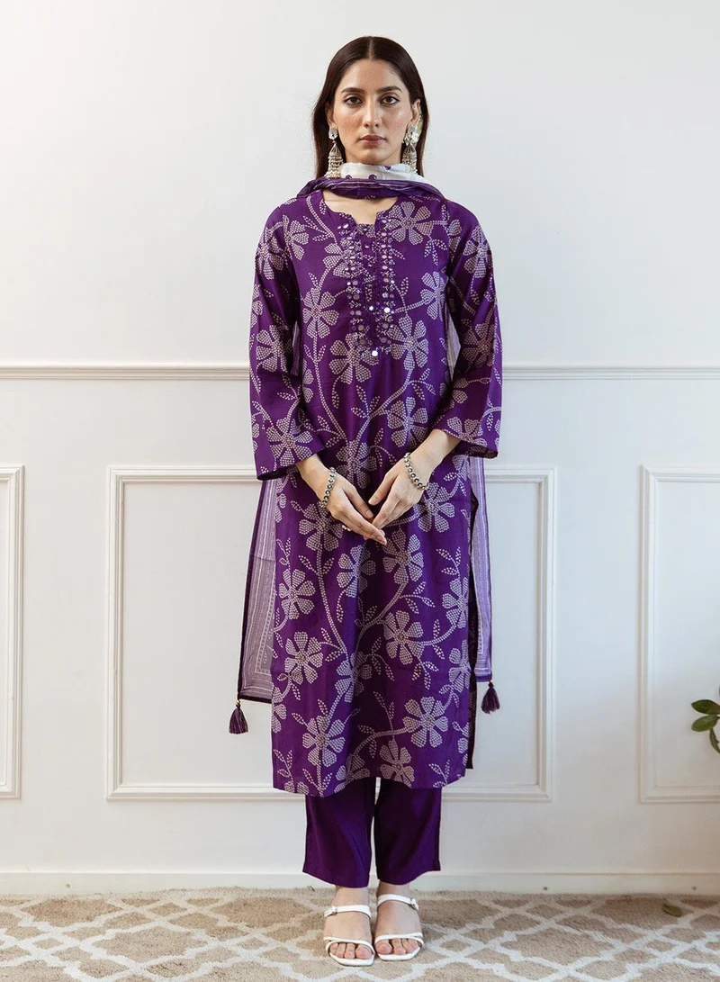 ISHIN Women's Purple 100% Cotton Printed Straight Fit Kurta Set