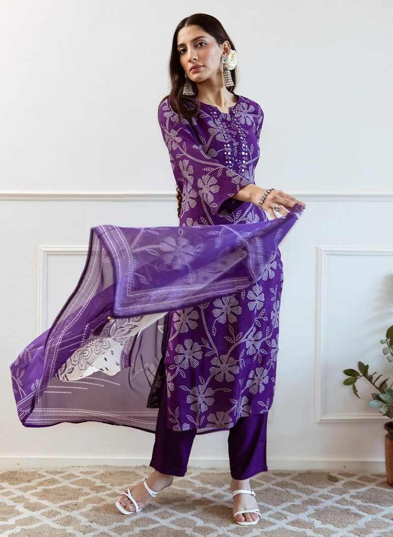 ISHIN Women's Purple 100% Cotton Printed Straight Fit Kurta Set