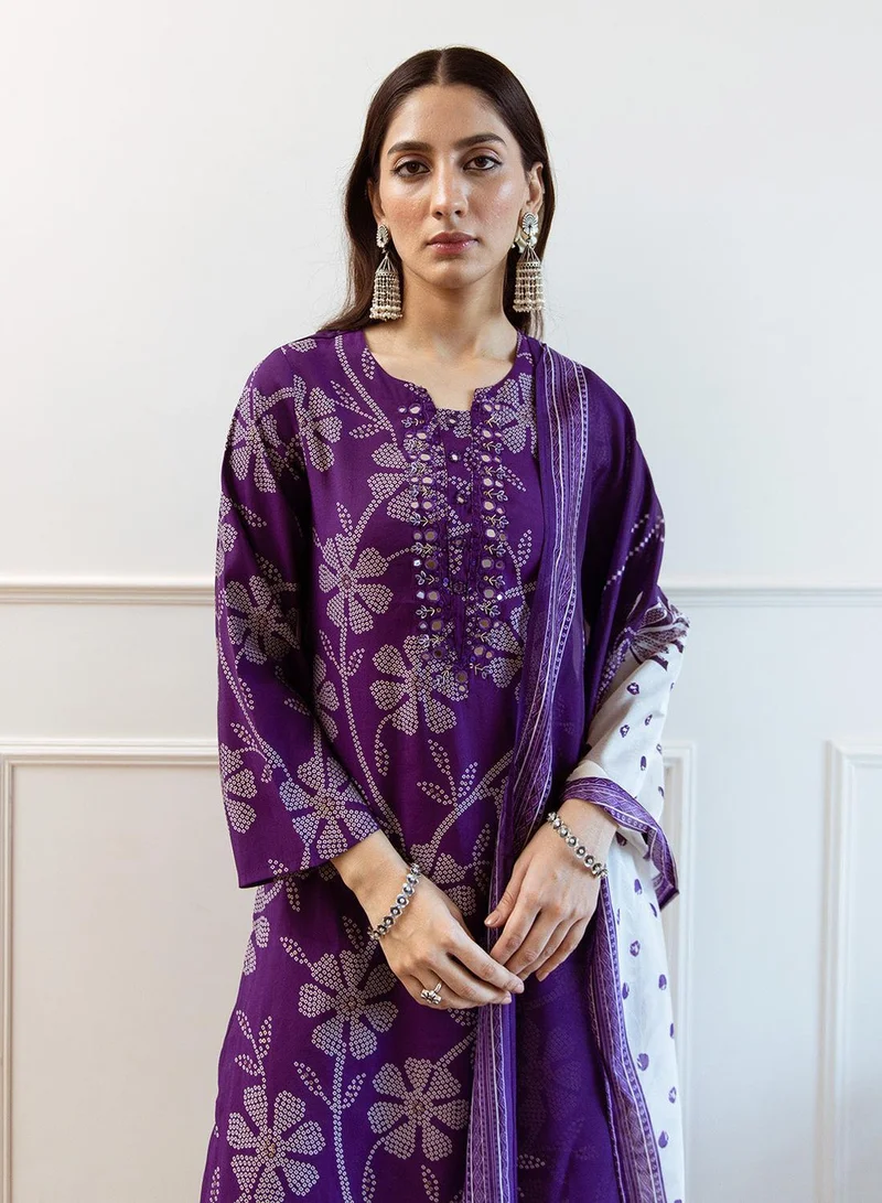 ISHIN Women's Purple 100% Cotton Printed Straight Fit Kurta Set