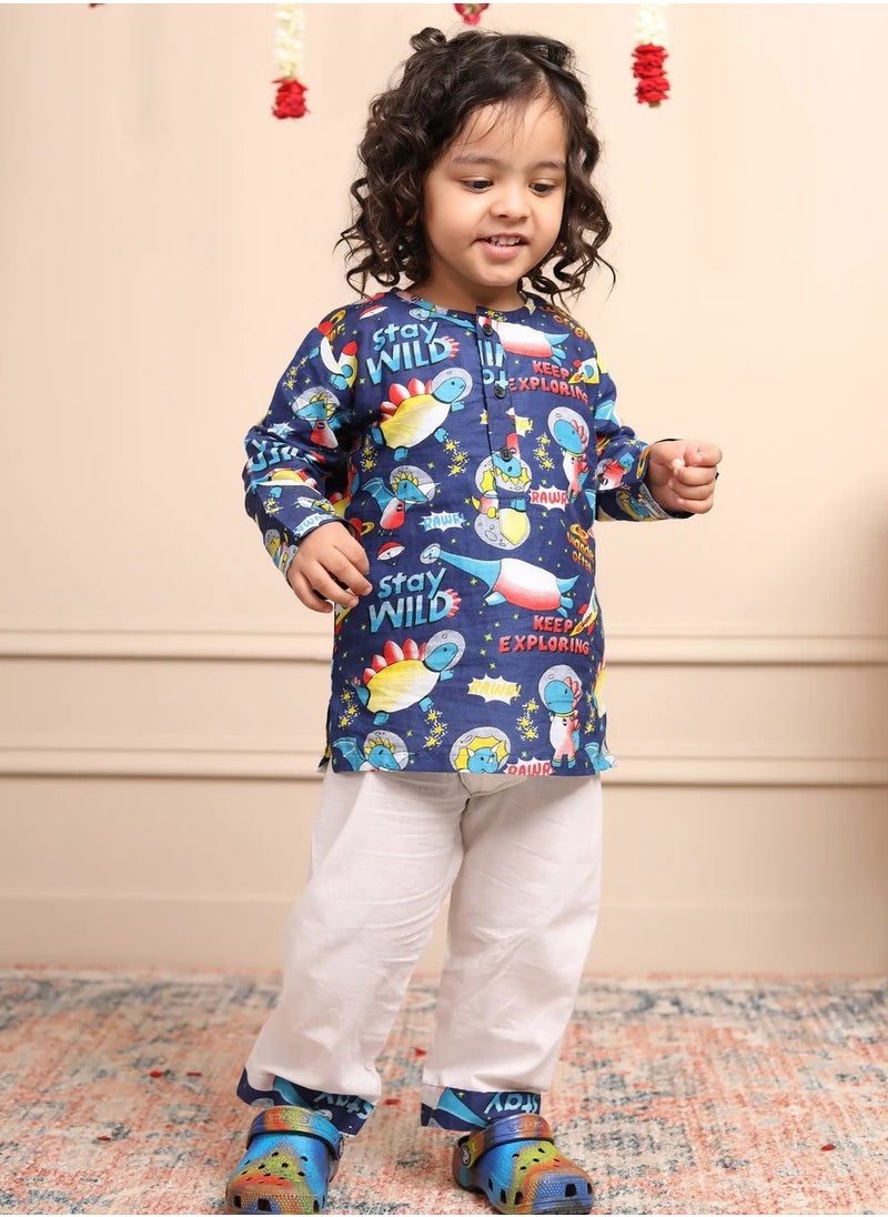 Polka Tots Polka Tots Full Sleeves Night Wear Space Kurta Pyjama - Blue  - Image 1