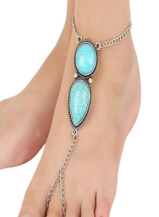 Jovono Boho Slave Bracelets Silver Turquoise Finger Ring Bracelets Summer Beach Hand Chain Jewelry for Women - Image 4