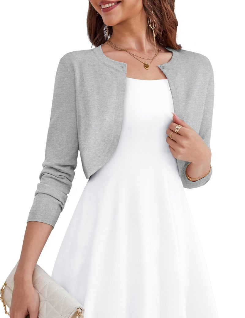 OmicGot Womens Summer Long Sleeve Bolero Shrug for Dress Open Front Cropped Cardigan Sweater Light Grey L - Image 1