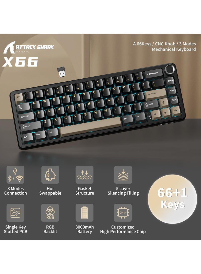 Attack Shark X66 Wireless Mechanical Gaming Keyboard with Knob,Tri Mode USB-C/BT5.0/2.4G Gasket Mounted 60% RGB Gaming Keyboard, Side Printed PBT Keycap,Hot Swappable Strawberry Switch - Image 2