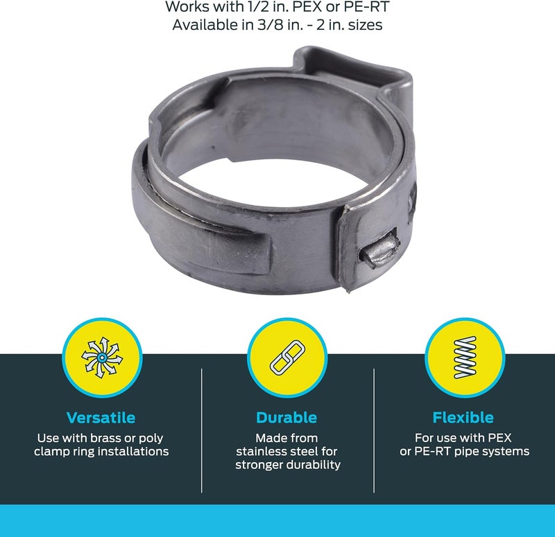 SharkBite 1/2 Inch Clamp Ring, Pack of 100, Stainless Steel Plumbing Fitting, PEX Pipe, PE-RT, UC953CP100 - Image 3